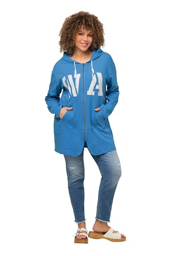 Ulla Popken Damen große Größen Übergrößen Plus Size Long-Sweatjacke, Schriftmotiv, Kapuze, Knotenband himmelblau 50+ 814034726-50+ von Ulla Popken