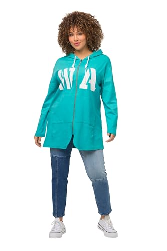 Ulla Popken Damen große Größen Übergrößen Plus Size Long-Sweatjacke, Schriftmotiv, Kapuze, Knotenband türkis 42+ 814034433-42+ von Ulla Popken