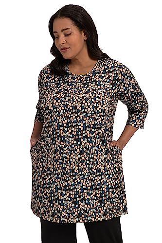 Ulla Popken Damen große Größen Übergrößen Plus Size Longshirt, A-Linie, Allover Print, Taschen, Rundhals, 3/4-Arm Mittelblau 54+ 818398788-54+ von Ulla Popken