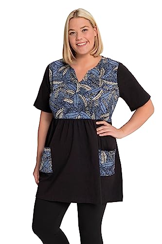 Ulla Popken Damen große Größen Übergrößen Plus Size Longshirt, Blätter Print, Taschen, Tunika-Ausschnitt, Halbarm schwarz 46+ 814423100-46+ von Ulla Popken