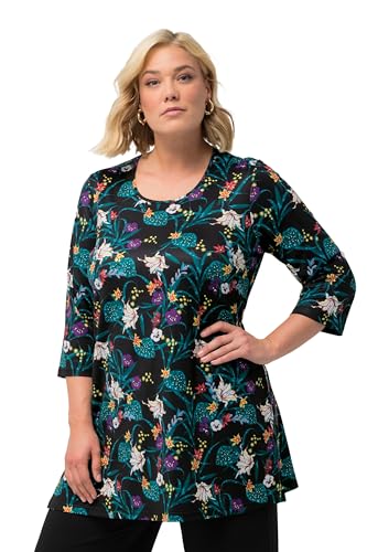 Ulla Popken Damen große Größen Übergrößen Plus Size Longshirt, Blüten, A-Linie, Rundhals, 3/4-Arm schwarz 46+ 827104100-46+ von Ulla Popken