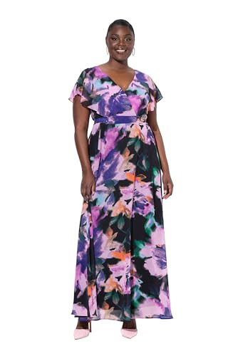 Ulla Popken Damen große Größen Übergrößen Plus Size Maxikleid, Blüten, A-Linie, V-Ausschnitt, Halbarm schwarz 46+ 838211100-46+ von Ulla Popken