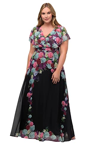 Ulla Popken Damen große Größen Übergrößen Plus Size Maxikleid, Chiffon, Blüten, V-Ausschnitt, Halbarm schwarz 48 818933130-48 von Ulla Popken