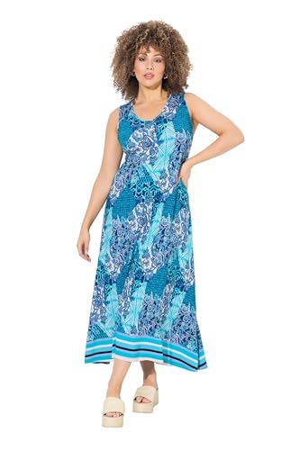 Ulla Popken Damen große Größen Übergrößen Plus Size Maxikleid, Patchdruck, A-Linie, V-Ausschnitt, ärmellos tiefes Aqua 54+ 838970740-54+ von Ulla Popken