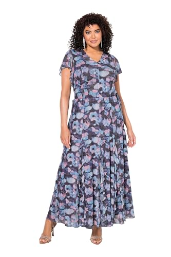 Ulla Popken Damen große Größen Übergrößen Plus Size Mesh-Abendkleid, Blüten, V-Ausschnitt, Flügel-Halbarm Marine 54+ 835933130-54+ von Ulla Popken