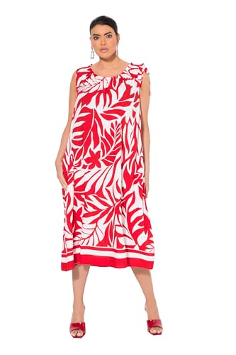 Ulla Popken Damen große Größen Übergrößen Plus Size Midikleid, Blätter, Geraffter Rundhals, ärmellos neon rot 54+ 839104520-54+ von Ulla Popken