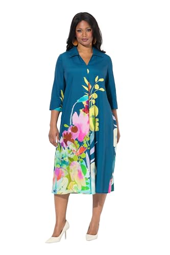 Ulla Popken Damen große Größen Übergrößen Plus Size Midikleid, Blüten, A-Linie, Hemdkragen, 3/4-Arm Mittelblau 46+ 838359759-46+ von Ulla Popken