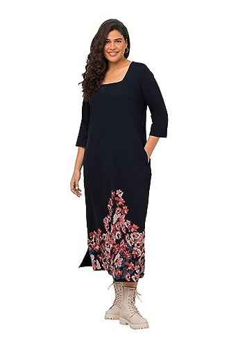 Ulla Popken Damen große Größen Übergrößen Plus Size Midikleid, Jersey, Saumblüten, Carree-Ausschnitt, 3/4-Arm dunkelblau 50+ 822085750-50+ von Ulla Popken