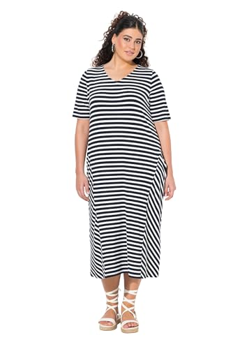 Ulla Popken Damen große Größen Übergrößen Plus Size Midikleid, Ringel, A-Linie, V-Ausschnitt, Halbarm, Taschen Marine 58+ 838561130-58+ von Ulla Popken