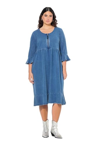 Ulla Popken Damen große Größen Übergrößen Plus Size Midikleid, Zipper, A-Linie, Rundhals, 3/4-Arm Blue Denim 46+ 835716907-46+ von Ulla Popken