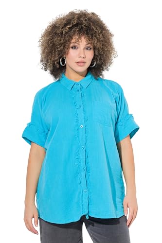 Ulla Popken Damen große Größen Übergrößen Plus Size Musselin-Bluse, Oversized, Fransen, Hemdkragen, Halbarm tiefes Aqua 54+ 838390740-54+ von Ulla Popken