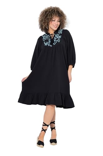 Ulla Popken Damen große Größen Übergrößen Plus Size Musselin-Kleid, Stickerei, Tunika-Ausschnitt, 3/4-Arm schwarz 46+ 838403100-46+ von Ulla Popken