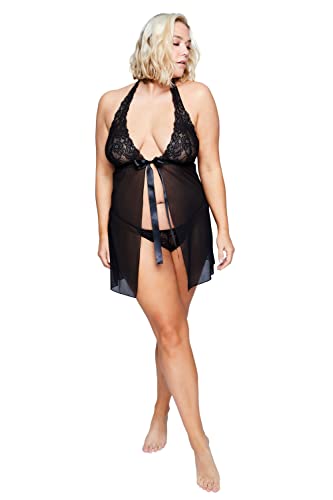 Ulla Popken Damen große Größen Übergrößen Plus Size Négligé & String, 2-TLG. Set, Neckholder, Spitze und Schleife schwarz 54+ 816186130-54+ von Ulla Popken