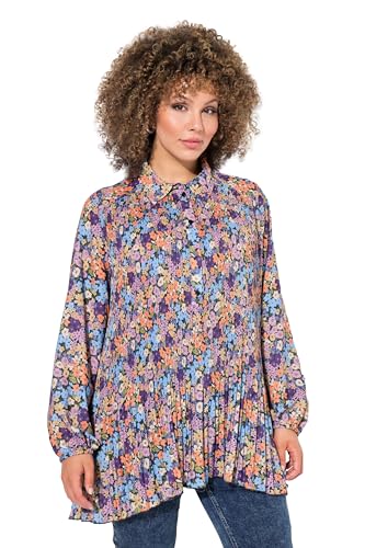 Ulla Popken Damen große Größen Übergrößen Plus Size Plissee-Bluse, Blüten, A-Linie, Hemdkragen, Langarm kräftiges orange 46+ 835009658-46+ von Ulla Popken