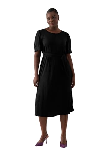 Ulla Popken Damen große Größen Übergrößen Plus Size Plissee-Midikleid, A-Linie, Rundhals, Gürtel, Halbarm schwarz 54+ 824944100-54+ von Ulla Popken