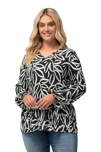 Ulla Popken Damen große Größen Übergrößen Plus Size Plissee-Tunika, Blätter, A-Linie, V-Ausschnitt, Langarm schwarz 42+ 826994100-42+ von Ulla Popken