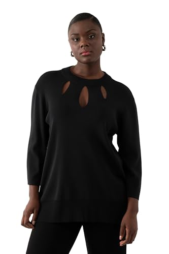 Ulla Popken Damen große Größen Übergrößen Plus Size Pullover, Cut-Outs, Stehkragen, 3/4-Arm, Rippstrick schwarz 54+ 823364100-54+ von Ulla Popken