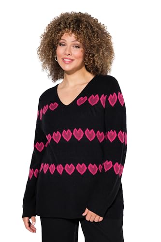 Ulla Popken Damen große Größen Übergrößen Plus Size Pullover, Herzen, V-Ausschnitt, Langarm schwarz 62+ 835017100-62+ von Ulla Popken