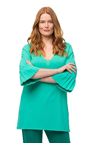 Ulla Popken Damen große Größen Übergrößen Plus Size Pullover, V-Ausschnitt, 3/4-Plissee-Ärmel türkis 54+ 816574460-54+ von Ulla Popken