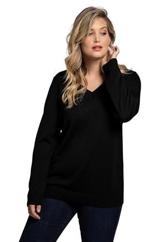 Ulla Popken Damen Pullover, V-ausschnitt, Langarm, Weicher Feinstrick, Schwarz, 50-52 EU von Ulla Popken