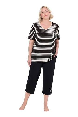 Ulla Popken Damen große Größen Übergrößen Plus Size Pyjama, Ringel, Stickerei, V-Ausschnitt, Halbarm schwarz 58+ 838377100-58+ von Ulla Popken