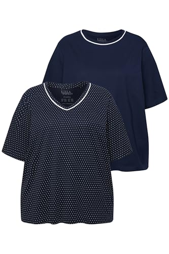 Ulla Popken Damen Pyjama-Shirts, 2er-Pack, Punkte/Uni, Halbarm Pyjamaoberteil, Nachtblau, 54-56 EU von Ulla Popken