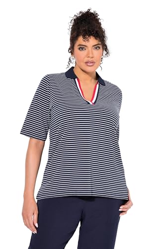 Ulla Popken Damen große Größen Übergrößen Plus Size Ringelshirt, Polokragen, V-Ausschnitt, Halbarm Marine 46+ 837822770-46+ von Ulla Popken