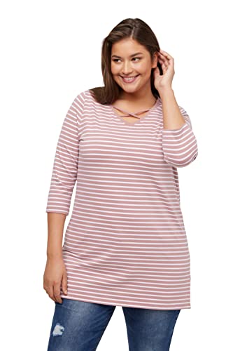 Ulla Popken Damen große Größen Übergrößen Plus Size Ringelshirt, Zierbänder, Classic, V-Ausschnitt, 3/4-Arm Altrosa 46+ 800191319-46+ von Ulla Popken