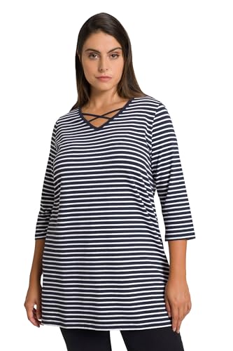 Ulla Popken Damen große Größen Übergrößen Plus Size Ringelshirt, Zierbänder, Classic, V-Ausschnitt, 3/4-Arm erbse 46+ 800191429-46+ von Ulla Popken