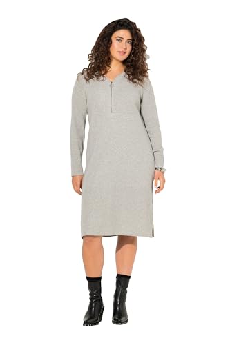 Ulla Popken Damen Rippjersey-midikleid, Zipper, A-Linie, V-Ausschnitt, Langarm Kleid, Hellgrau Mélange, 50-52 EU von Ulla Popken
