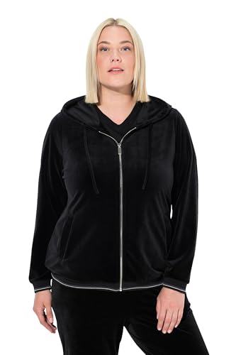 Ulla Popken Damen große Größen Übergrößen Plus Size Samt-Sweatjacke, Blüte, Kapuze, Glitzerstreifen-Bündchen schwarz 54+ 834691100-54+ von Ulla Popken