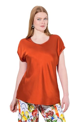 Ulla Popken Damen große Größen Übergrößen Plus Size Satinblusenshirt, Classic, Rundhals mit Glitzernaht, ärmellos Terracotta 54+ 839720679-54+ von Ulla Popken