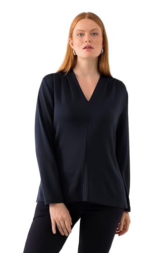 Ulla Popken Damen große Größen Übergrößen Plus Size Shirt, Kelchkragen, V-Ausschnitt, Ziernaht, Langarm Marine 54+ 811968133-54+ von Ulla Popken