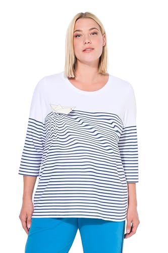 Ulla Popken Damen große Größen Übergrößen Plus Size Shirt, Ringel, Papierboot, U-Boot-Ausschnitt, 3/4-Arm schneeweiß 54+ 837028200-54+ von Ulla Popken