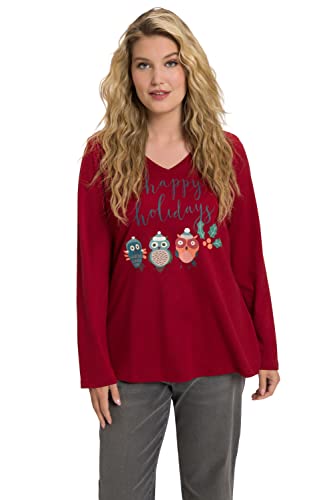 Ulla Popken Damen große Größen Übergrößen Plus Size Shirt, Weihnachtseulen, Classic, V-Ausschnitt, Langarm hellgrau mélange 46+ 811353134-46+ von Ulla Popken