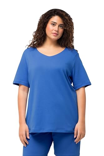 Ulla Popken Damen große Größen Übergrößen Plus Size Shirt, doppellagige Vorderseite, Slim, Rundhals, Halbarm Mittelblau 54+ 810528731-54+ von Ulla Popken