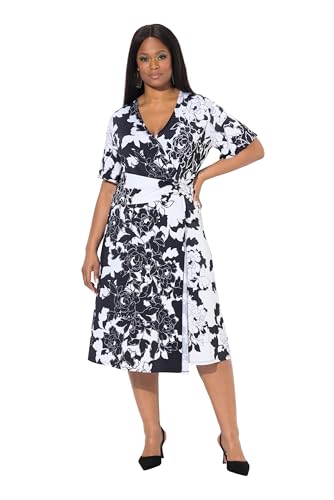 Ulla Popken Damen große Größen Übergrößen Plus Size Slinky-Kleid, Blüten, Drapierung, V-Ausschnitt, Halbarm schwarz 58+ 838745100-58+ von Ulla Popken