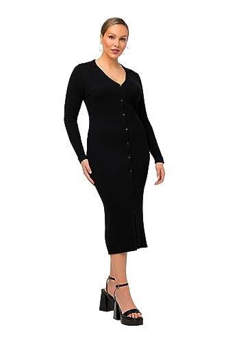 Ulla Popken Damen große Größen Übergrößen Plus Size Strick-Midikleid, Hemdkragen, V-Ausschnitt, Langarm schwarz 46+ 822058100-46+ von Ulla Popken