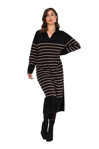 Ulla Popken Damen große Größen Übergrößen Plus Size Strick-Midikleid, Streifen, Kragen, V-Ausschnitt, Langarm schwarz 58+ 833218100-58+ von Ulla Popken