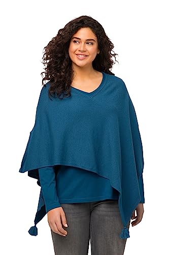 Ulla Popken Damen große Größen Übergrößen Plus Size Strick-Poncho, Zipfelsaum, Quaste, V-Ausschnitt, ärmellos blaugrün 50-56 822569768-2+ von Ulla Popken