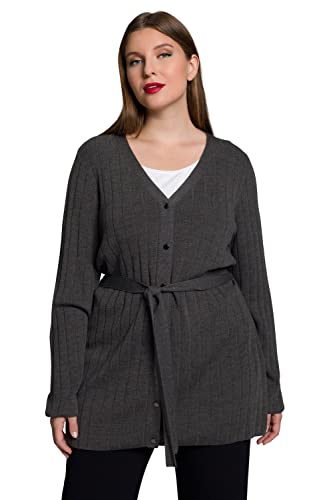 Ulla Popken Damen große Größen Übergrößen Plus Size Strickjacke, Wollmix, Rippstrick, V-Ausschnitt, Gürtel dunkelgrau Melange 50+ 812254118-50+ von Ulla Popken