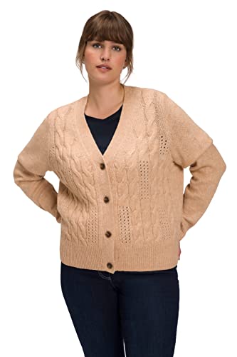 Ulla Popken Damen große Größen Übergrößen Plus Size Strickjacke, Zopfmuster, V-Ausschnitt, Knopfleiste beige 42+ 808584300-42+ von Ulla Popken