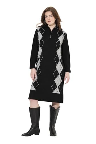 Ulla Popken Damen große Größen Übergrößen Plus Size Strickkleid, Argyle-Muster, Troyerkragen, Langarm schwarz 46+ 830010100-46+ von Ulla Popken