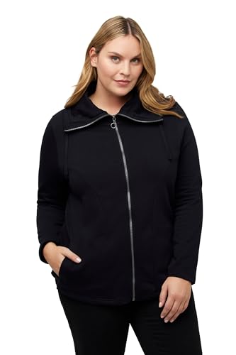 Ulla Popken Damen, drapierter Stehkragen, Kunstleder-Details Sweatjacke, Schwarz, 42-44 von Ulla Popken