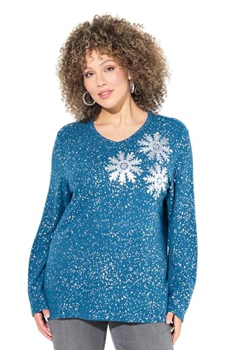 Ulla Popken Damen Sweatshirt, Schneeflocken, V-Ausschnitt, Langarm, Petrol, 46-48 EU von Ulla Popken