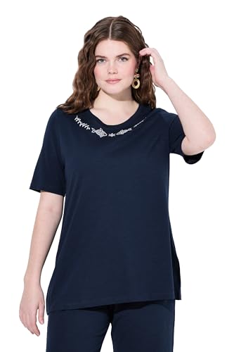 Ulla Popken Damen große Größen Übergrößen Plus Size T-Shirt, Stickerei, Rundhals, Halbarm, Biobaumwolle Marine 46+ 838860130-46+ von Ulla Popken