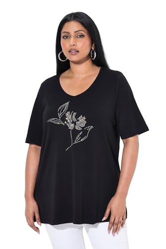 Ulla Popken Damen große Größen Übergrößen Plus Size T-Shirt, Ziersteine, V-Ausschnitt, Halbarm, Pima Cotton schwarz 42+ 840067100-42+ von Ulla Popken