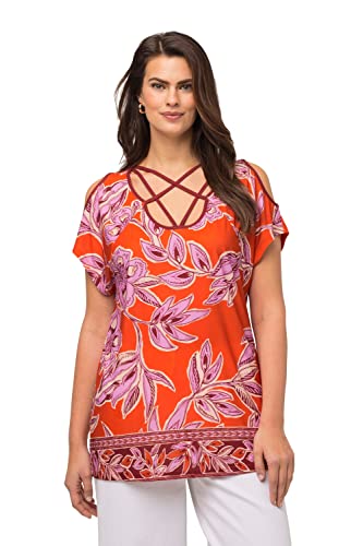 Ulla Popken Damen große Größen Übergrößen Plus Size T-Shirt, floraler Druck, Zierbänder, Halbarm, Cut-Outs knallorange 46+ 818970654-46+ von Ulla Popken