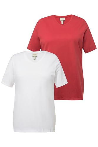 Ulla Popken Damen große Größen Übergrößen Plus Size T-Shirts, 2er-Pack, V-Ausschnitt, Halbarm, Biobaumwolle Koralle 50+ 798751532-50+ von Ulla Popken