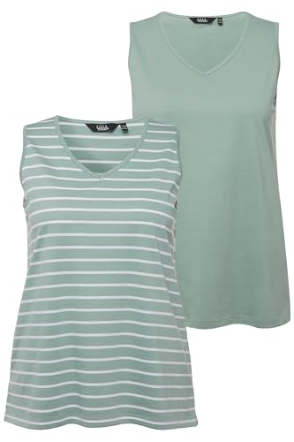 Ulla Popken Damen große Größen Übergrößen Plus Size Top, 2er-Pack, Ringel/Uni, V-Ausschnitt, ärmellos helles moosgrün 54+ 792183182-54+ von Ulla Popken